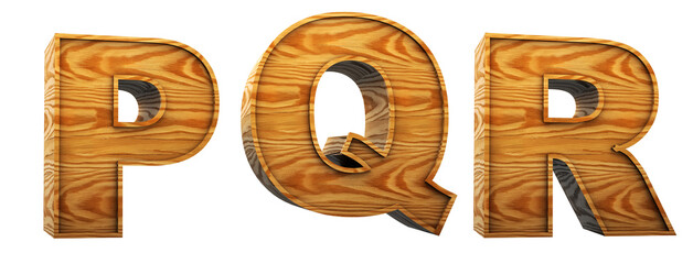 Wood alphabet.  Letters p, q, r, in 3D Render wood. Path save.