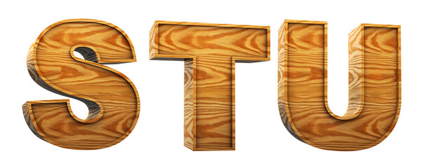 Wood alphabet. Letters s, t, u in 3D Render wood. Path save.