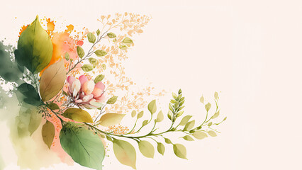 Spring watercolor flowers and leaves background, abstract art background for banner, poster, Web and packaging. Generative AI
