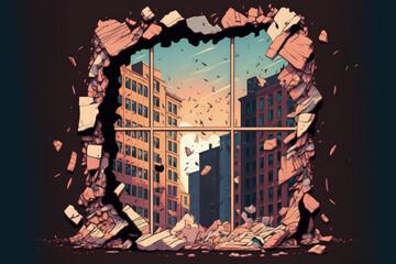 Glass from a smashed window has broken. Building destroyed, window plastic frame shattered. The aftermath of a bombed building includes broken windows, apartment damage, and explosive gas in homes - obrazy, fototapety, plakaty