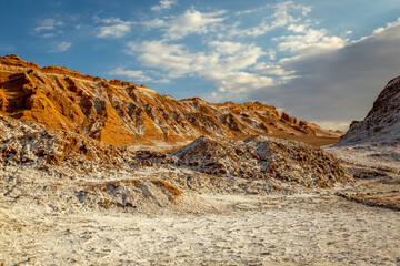 Moon Valley, Valle de la Luna dramatic landscape a Sunset, Atacama Desert, Chile