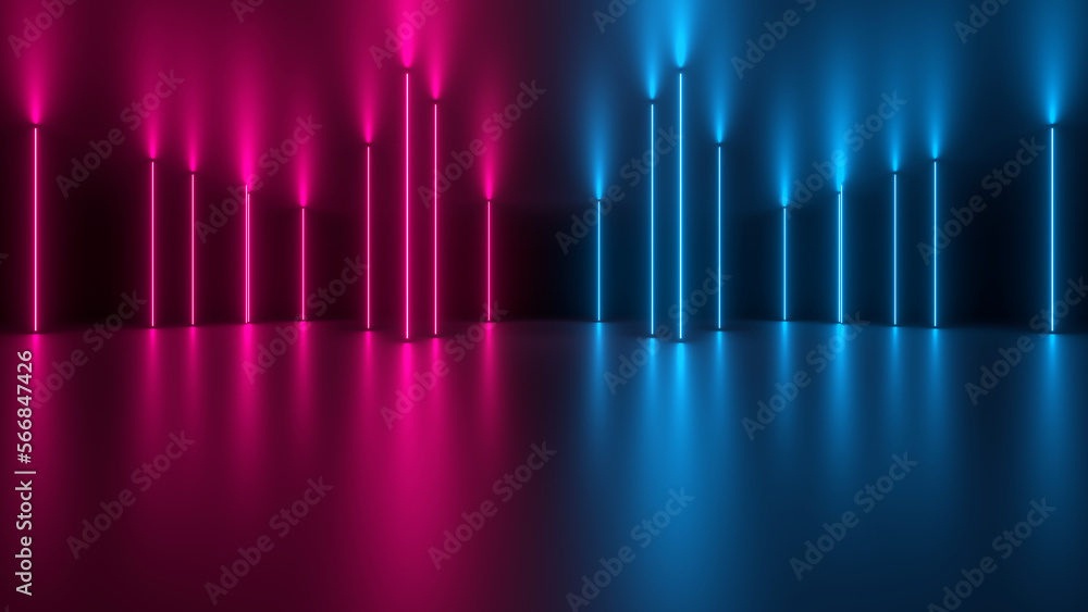 Poster sci fy neon glowing wave lines in a dark hall. reflections on the floor and ceiling. 3d rendering im