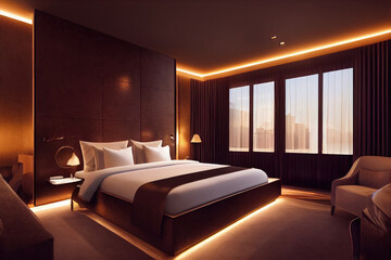 Luxury modern style bedroom, Interior of a hotel bedroom. Generative AI illustration