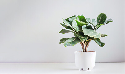 Fiddle-Leaf Fig Tree in white pot on white table. Generative AI.