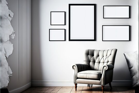 Comfortable white living room, wall pictures mockup, Generative AI