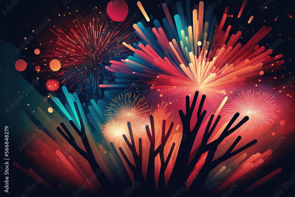 Wall mural for a background for an anniversary celebration, an abstract colorful firework display. Generative AI