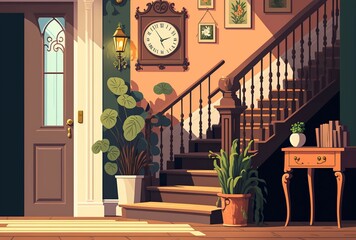 cartoon illustration, interior of the entrance of the house with stairs and furniture, generative AI