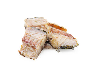 Delicious canned mackerel chunks on white background