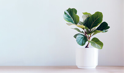 Fiddle-Leaf Fig Tree in white pot on white table. Generative AI.