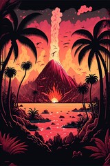 illustration cartoon prehistoric smoking volcanoes, generative AI