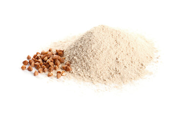 Pile of buckwheat flour isolated on white