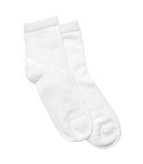 Pair of new socks isolated on white, top view