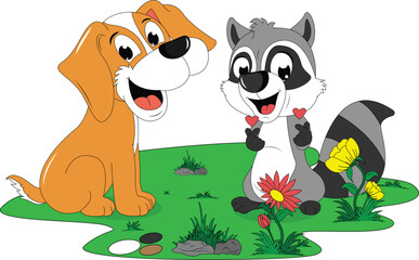 cute dog and racoon illustration