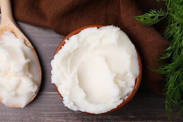 Delicious pork lard and dill on wooden table, flat lay