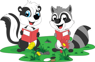 cute skunk and racoon illustration