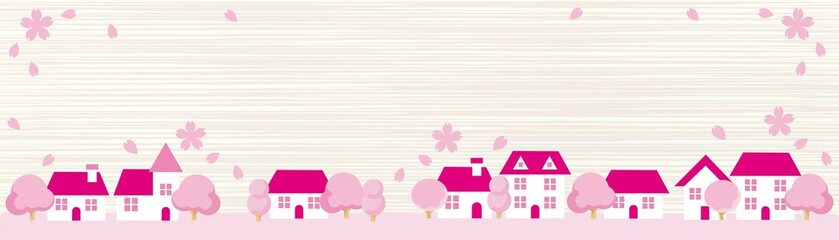バナー　フレーム　春　桜　さくら　街並み　家　背景　イラスト素材