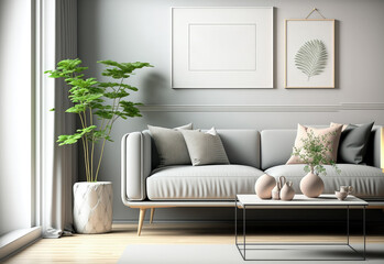 Elegnat living room interior design with mock up poster frame, grey corner sofa, coffee table and personal accessories. Pastel neutral colours. Template. Generative AI