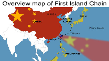 Fototapeta premium Overview map of first island chain between Japan, South Korea, Taiwan, Philippines and China