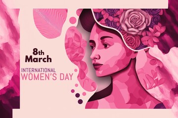 Beautiful pink banner for 8th March, International women's day. Generative AI illustration