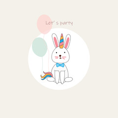 Cute rabbit unicorn cartoon vector illustration for festival  party decoration, cute card,kid design, art print.
