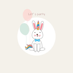 Cute rabbit unicorn cartoon vector illustration for festival  party decoration, cute card,kid design, art print.
