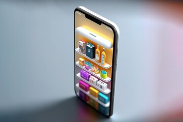 Smartphone screen showing fridge digital illustration. Mobile app, e-commerce concept. Generative AI illustration