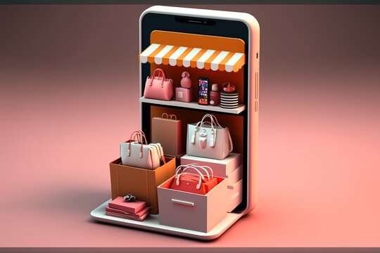 Online shopping, e-commerce concept. Mobile app, smartphone, new technologies consumerism. Generative AI illustration