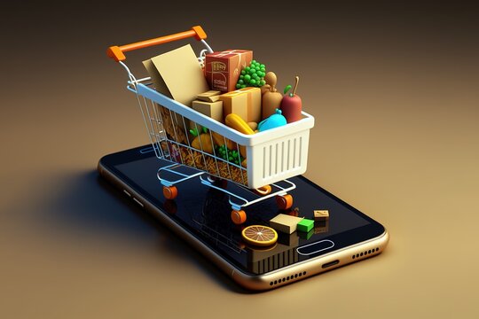 Buying groceries online concept. Mobile app and e-commerce shopping. Generative AI illustration