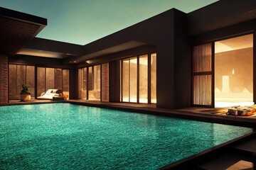 Fototapeta na wymiar Luxury with tropical Jungle villa resort luxurious swimming pool. Generative AI illustration