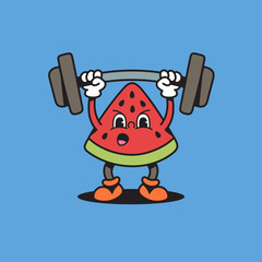 Watermelon weightlifting retro cartoon character