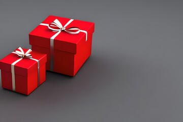Fototapeta premium two red gift boxes, different sizes, with silver ribbon, positioned on one side in the image, gray background. Generative Ai