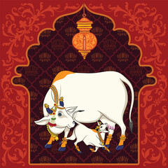 Indian Traditional Cow and calf Painting with elegant lotus designs