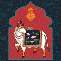 Indian Traditional Cow in Rajasthani Painting with lotus and leaf design Decors