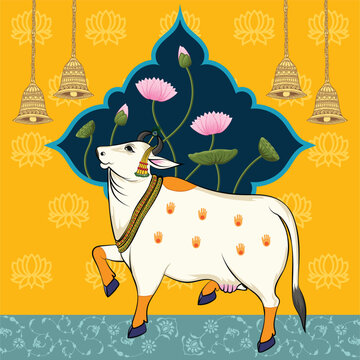 Indian Traditional Cow art work with background lotus designs