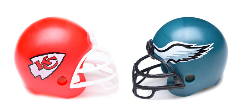 IRVINE, CALIFORNIA - 30 Jan 2023: Football helmets of the Kansas City Chiefs vs Philadelphia Eagles, opponents in the Superbowl LVII.