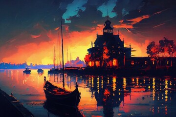 canoe in the harbor during the sunset, generative AI Art