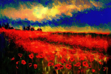 poppy flower field, landscape impressionism oil painting. Generative AI Art