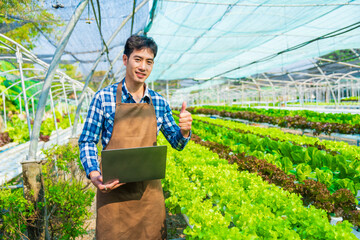 smart young Asian farmer records the quality and quantity of an organic hydroponic vegetable garden.