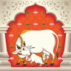 Indian Traditional Cow and calf Painting with lotus designs © shunmugam