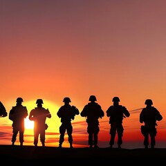 Fototapeta na wymiar Army background, soldiers silhouettes, dusk.