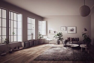 mock up poster frame in boho interior background, wooden living room design, Scandinavian style. Generative AI illustration