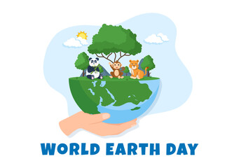 Happy Earth Day on April 22 Illustration with World Map Environment in Flat Cartoon Hand Drawn for Web Banner or Landing Page Templates