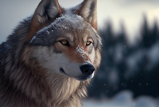 Captivating Closeup of a Snowy Grey Wolf in Winter: A Cold and Majestic Photographic Encounter