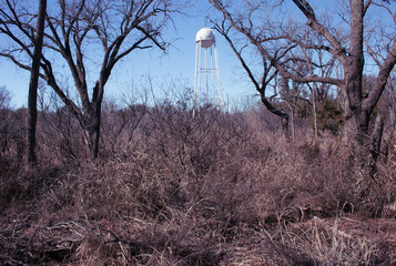 A tall white water storage tank in the middle of a dry draught stricken forest located at Abilene...