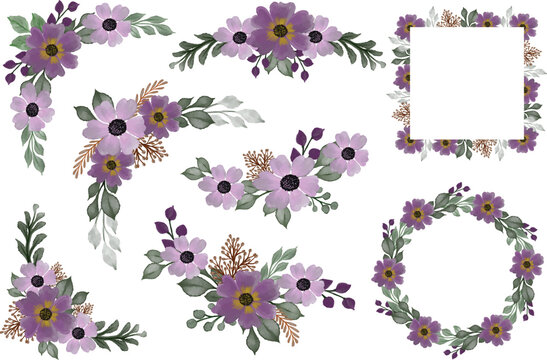 arrangement of purple watercolor floral frame