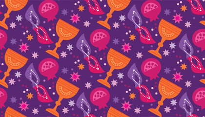 Happy Purim - holiday  jewish carnival  template seamless pattern  Carnival mask, Hamantashen, confetti, clown, garland, crown, firework  Vector festive  illustration