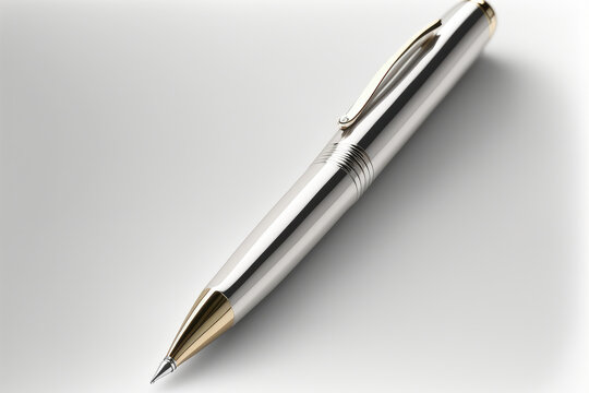 Close-up of a shiny pen with a clip on white background, generative ai