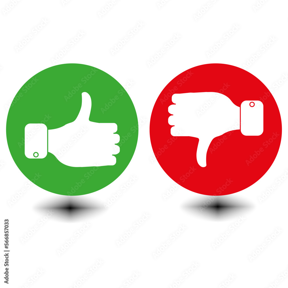 Poster red and green like and dislike buttons. symbols of approval and disapproval. positive and negative. 