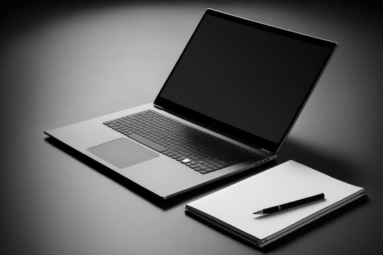 Stylized image of a sleek silver laptop and a notepad on a black desk, generative ai