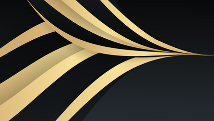 3D wavy golden lines on dark corporate abstract background. Abstract black and gold lines background with light effect.